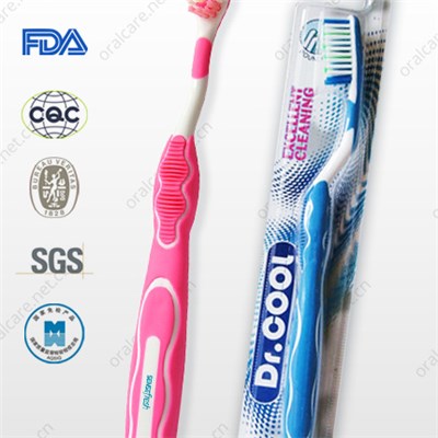Plastic And Rubber Toothbrush With Comfortable And Flexible Handle In Three Different Colored Materials