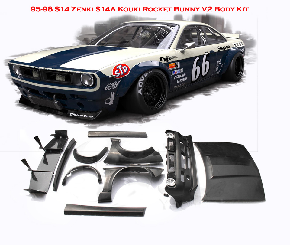 95-98 Nissan S14 Zenki S14A Kouki Rocket Bunny V2 BOSS Aero Style Body Kit Bumper Diffuser Bonnet