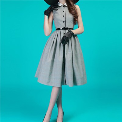 Vintage Flattering Peter Pan Collar Pleated-skirt Grey Sleeveless Dress