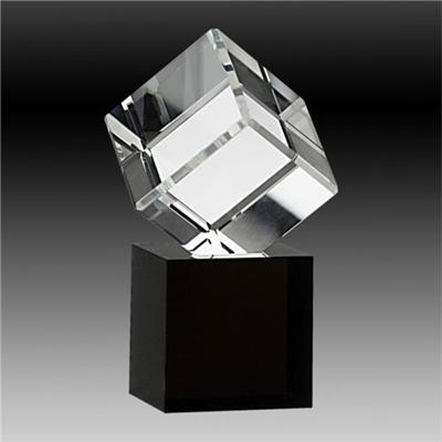 Diamond Cut Bevelled Crystal Cube On Black Crystal Base