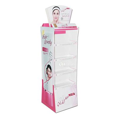 Cardboard Free Standing Cosmetic Floor Display with Cmyk Printing, Resuable Corrugated Display Stand