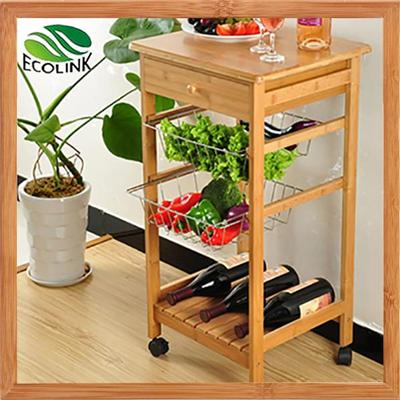 Solide Bamboo Wood Kitchen Storage Serving Trolley Utility Rolling Cart With Shelves Drawer Basket With Four Castors
