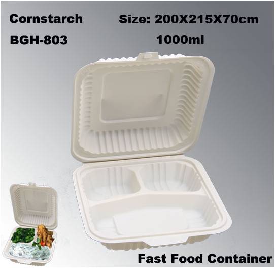 3 Compartments Biodegradable Cornstarch Disposable Fast Food Carry Out Container