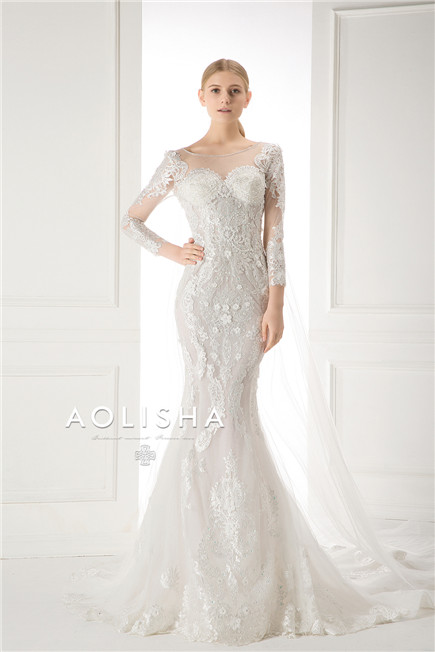 Long Sleeves V-Neckline Lace Applique with Beads Sheath A-Line   Lace