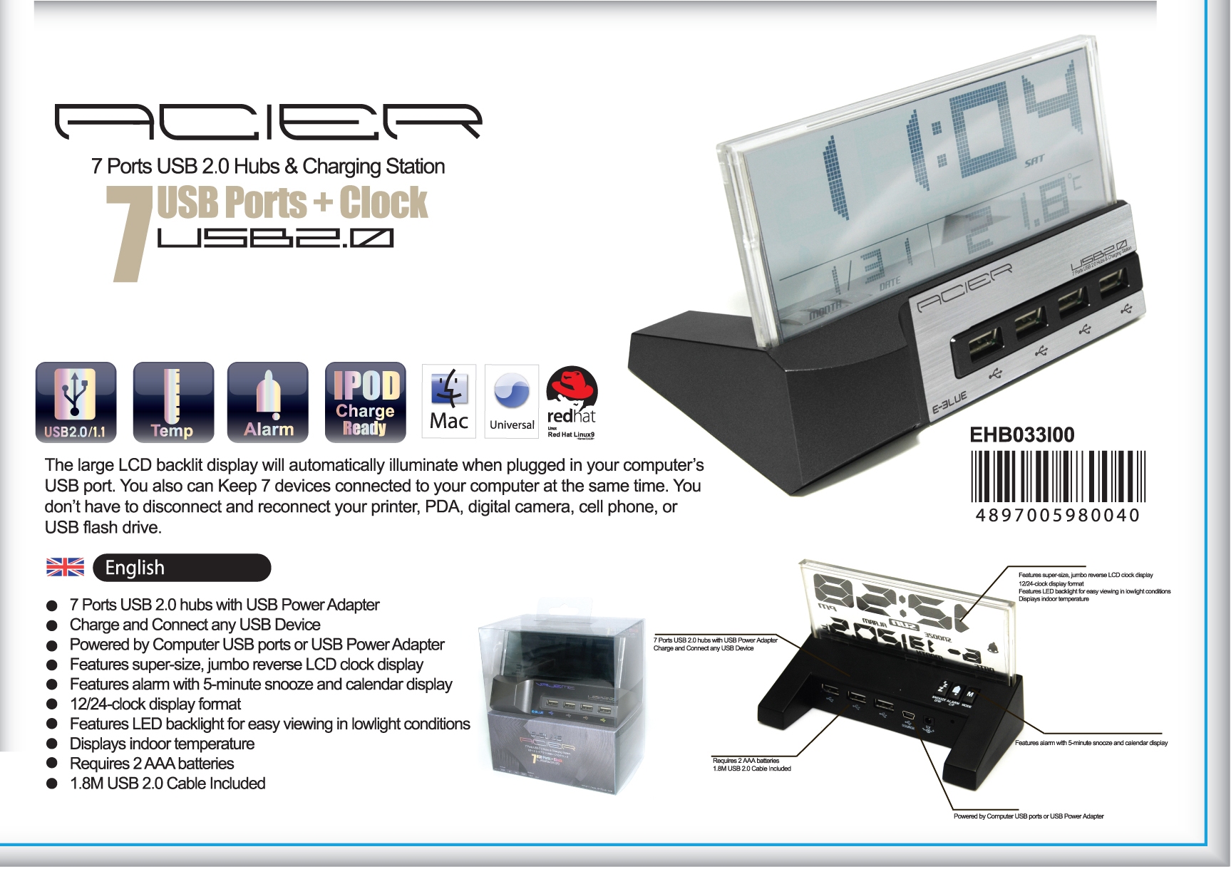 Acier 7 Port USB 2.0 LCD Hubs