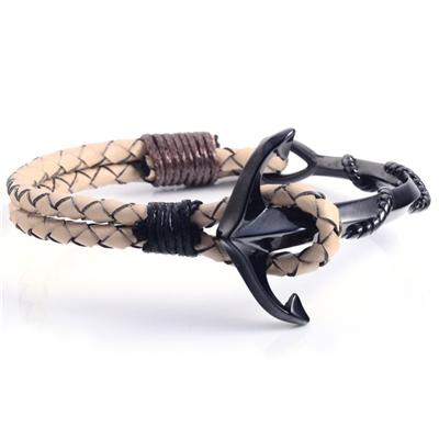 Mens Black Anchor Braided Leather Cuff Bracelet