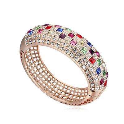 Multicolor Austrian Crystals Cuff Bracelet, Rose Gold Plated Filigree Bangle, High Quality Handmade Women Jewelry
