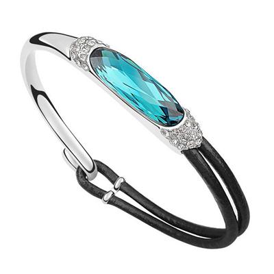 2016 Gold Plated Blue Austrian Crystal Bangle With PU Leather Bracelet Gift For Women Bangle Manufacturer