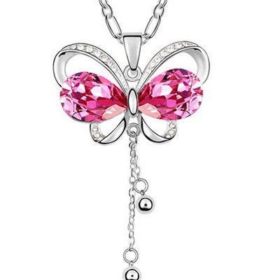SHIYI Rose Luxury Long Platinum Pendant Necklace Butterfly Shape with Big crystal MY-00014