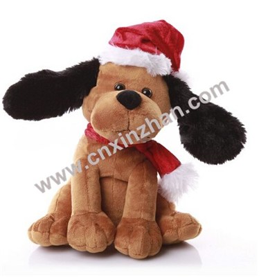 Christmas Plush Dog Soft Toys Gifts Brown Yellow White Colors With Cap, Clothes On Sale