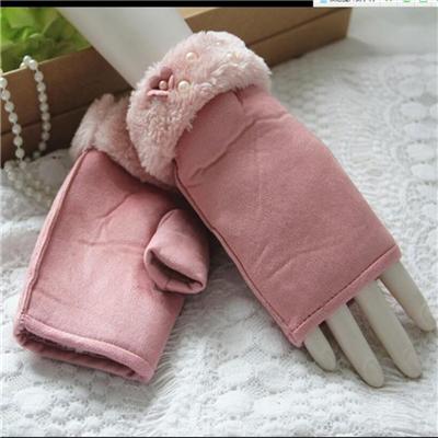 Work Gloves Manufacturers Pink Fur and Flower White Pearl Fashion Women Suede Fingerless Gloves