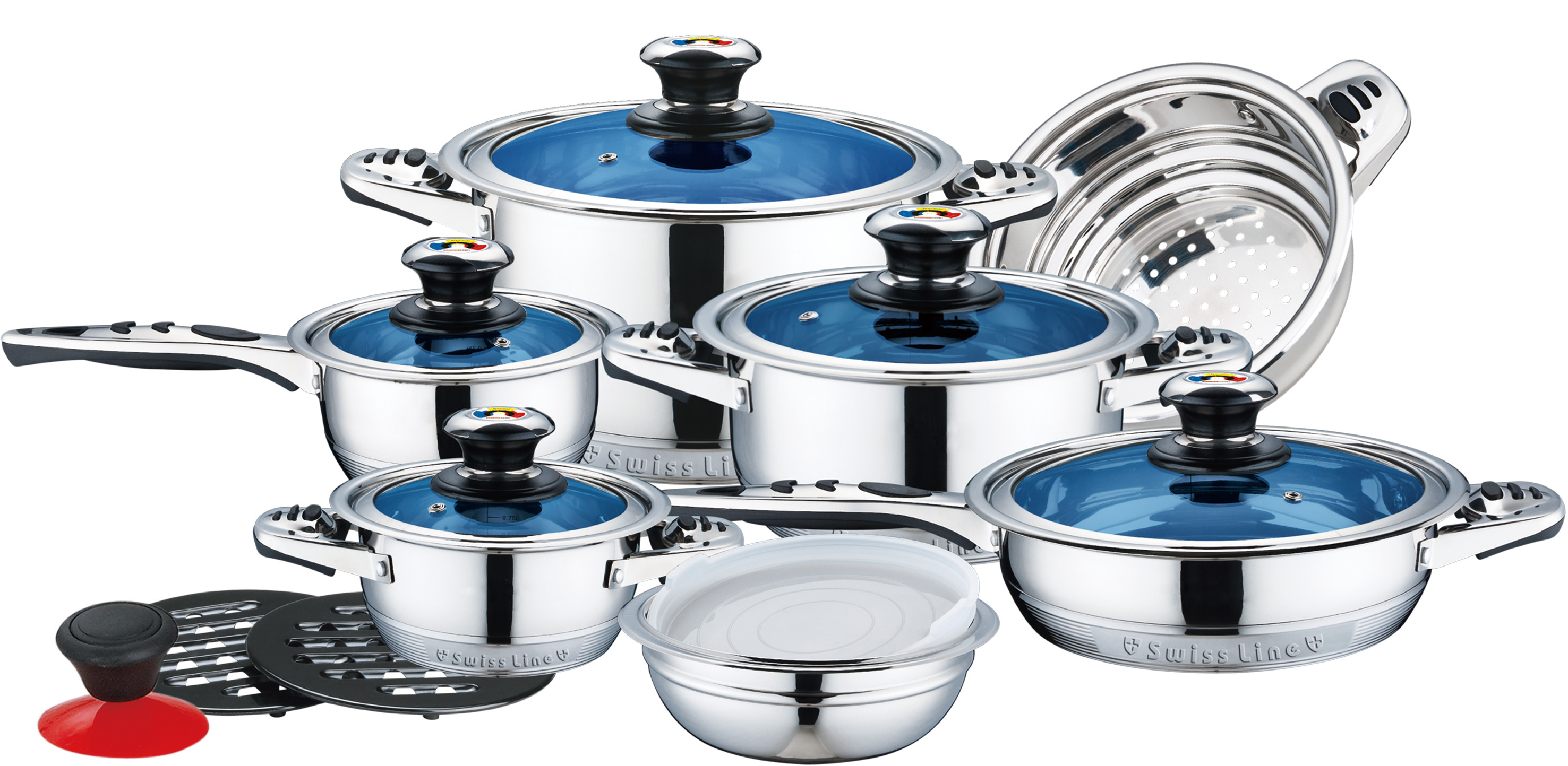 16pcs blue glass lids stainless steel cookware set with fish bone shape handle