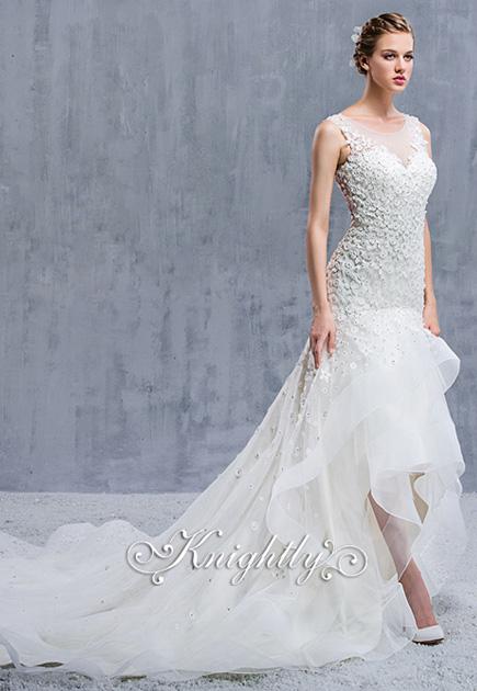 Sleeveless Sheer Lace Neckline Applique Sheath Waltz-Length Gown