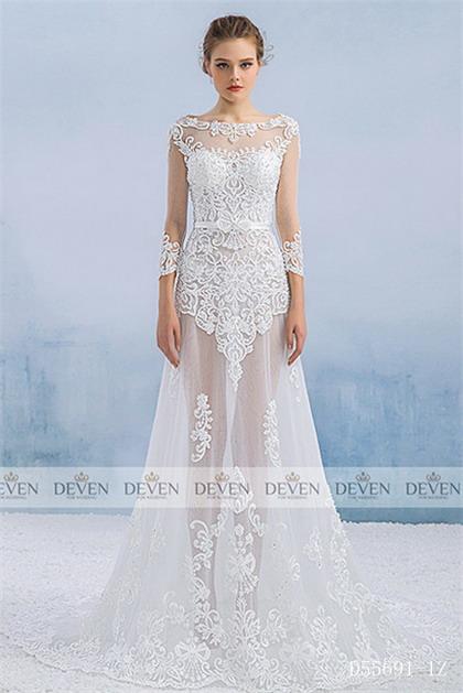 Long Sleeve Lace Applique Overskirt A-Line Gown 