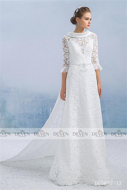 3/4 Sleeves Round Collar Beaded Bow Lace A-Line Gown