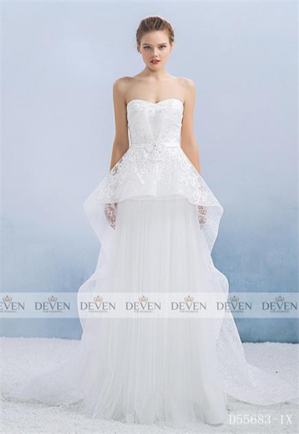 Strapless Lace Applique Beaded Bow Peplum Ball-Gown
