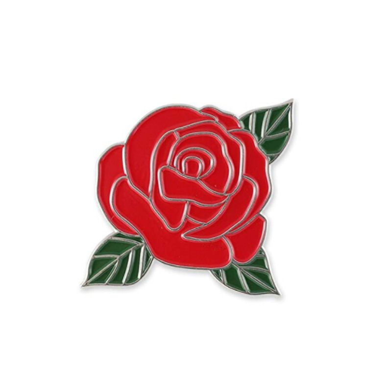 Red Rose Flower With Green Leaves Enamel Lapel Pin