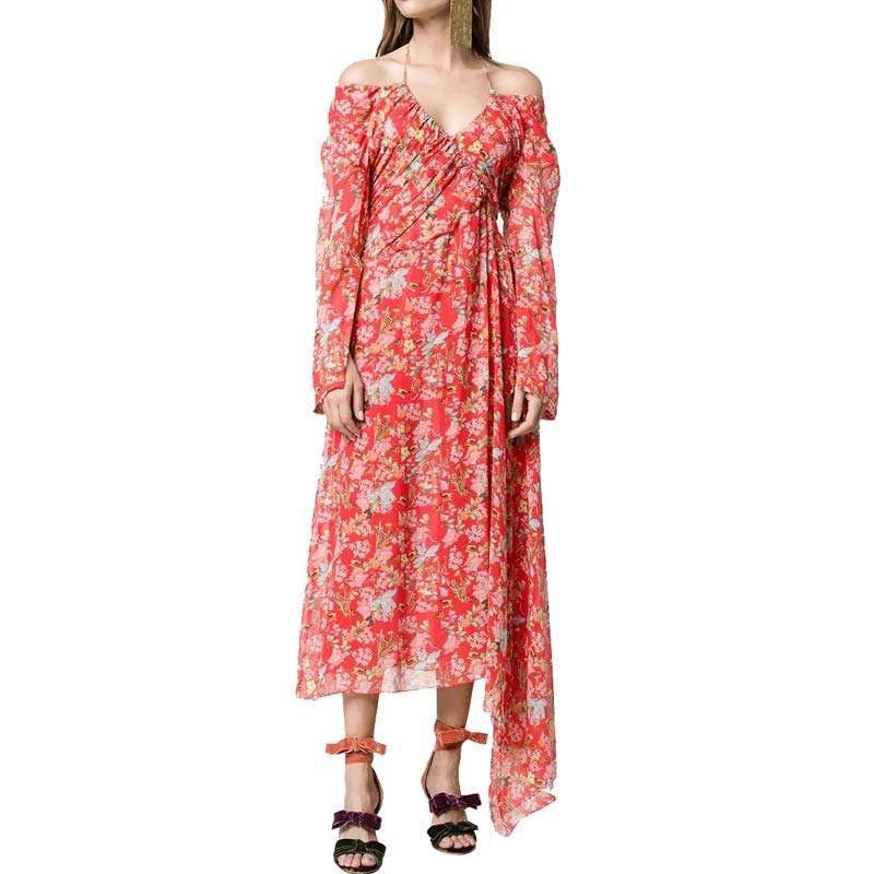 Custom Silk Asymmetrical Hem Floral Print Off-the-Shoulder Maxi Dress