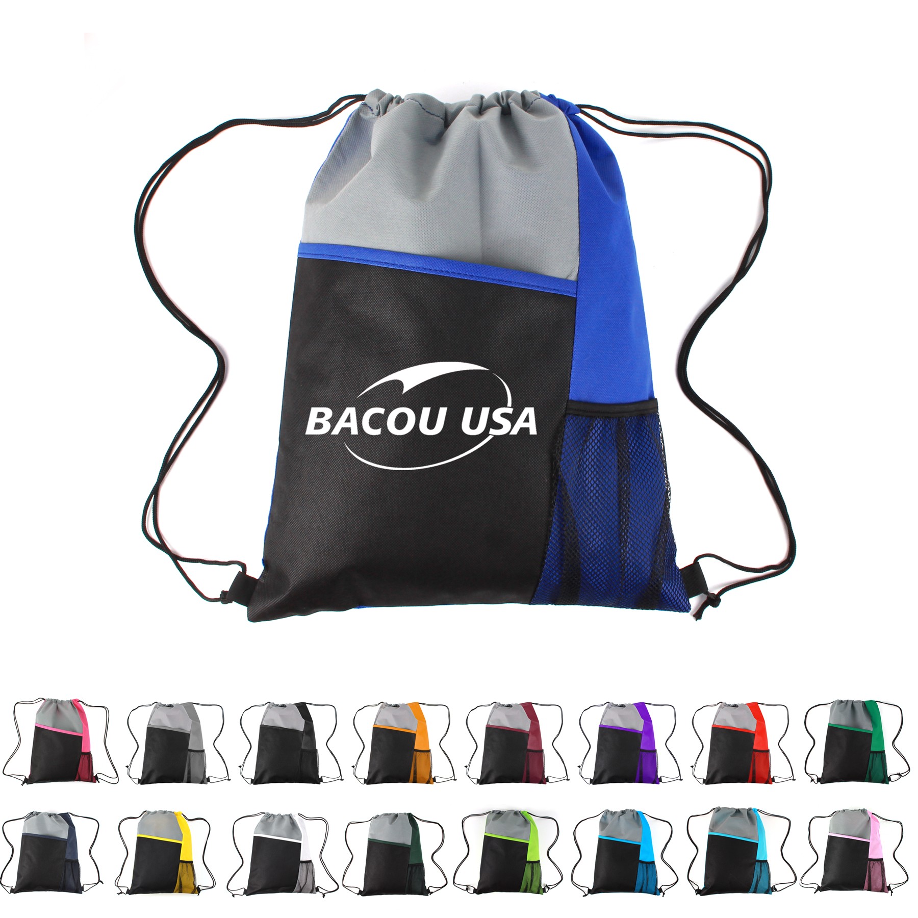 Mesh Pocket Tricolored Drawstring Sports Pack  Mesh Sport Drawstring Backpack  Oxford Fabric Drawstring Bag