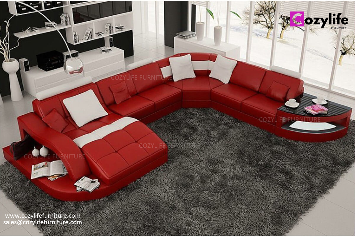U-образный большой кожаный диван с шезлонгами