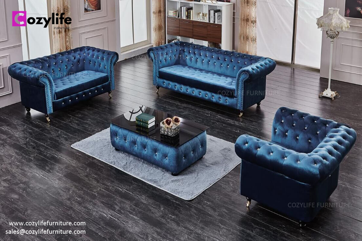 hot sale blue velvet chesterfield sofa 