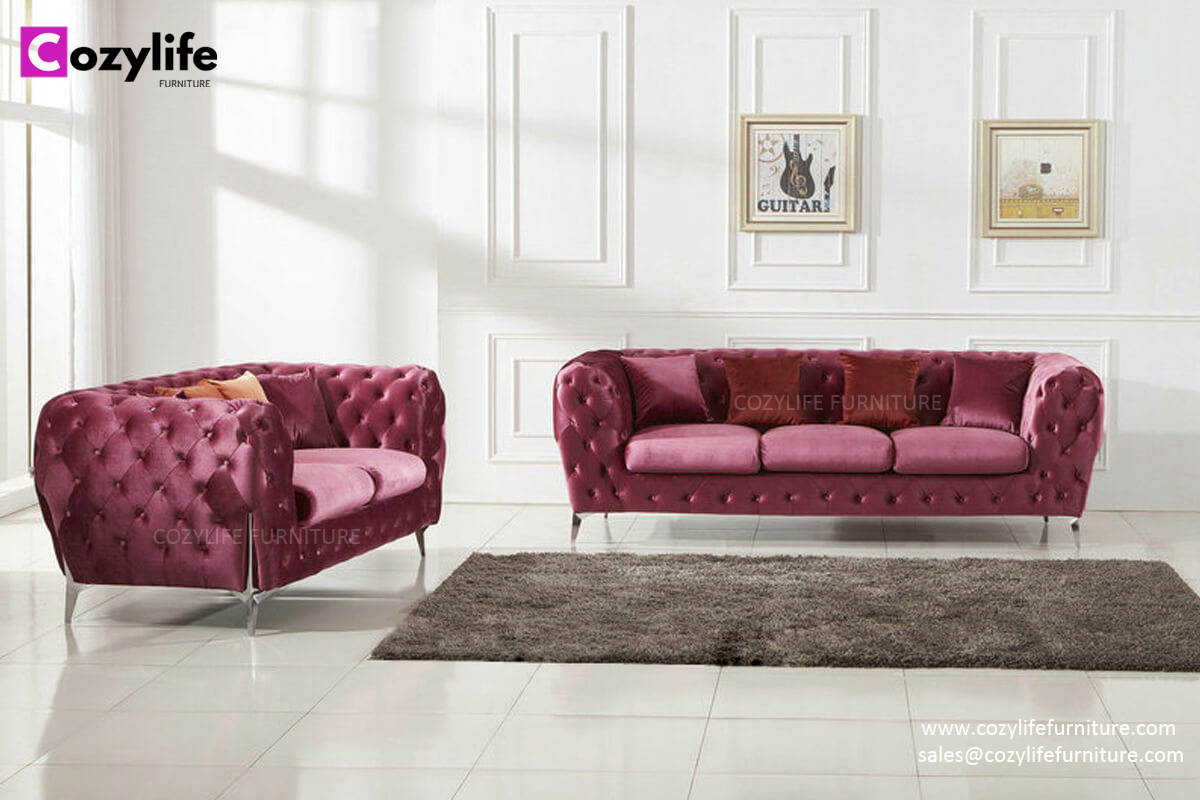 Modern pink velvet fabric chesterfield sofa set