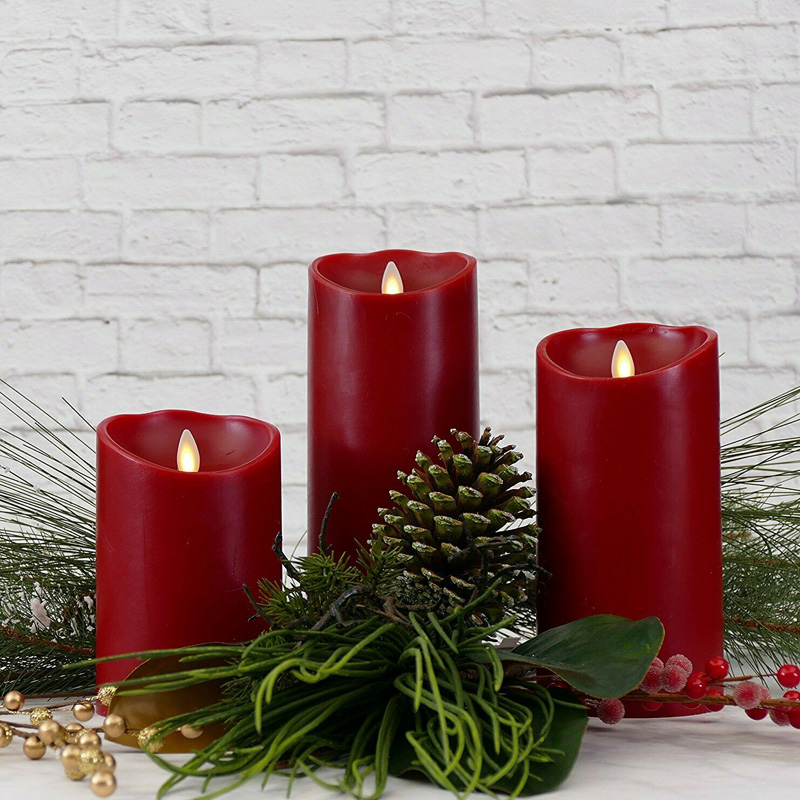Red Christmas Remote Control Flickering Led Flameless Pillar Candles Set of 3
