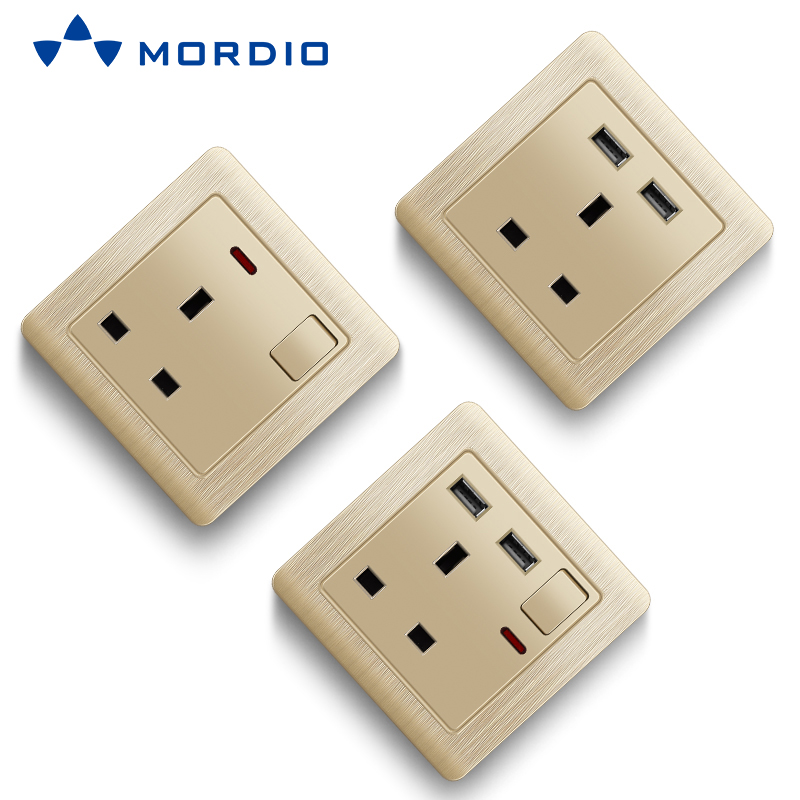 K1.2 Golden UK Standard BRISTOL 1gang Switch Light and 5pin Multiple Sockets with 2.1A USB Outlets