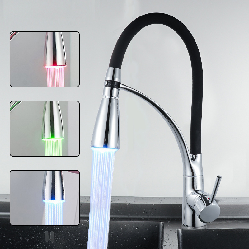 Kitchen sink copper faucet LED draw-in kitchen dishes cold and hot water faucet