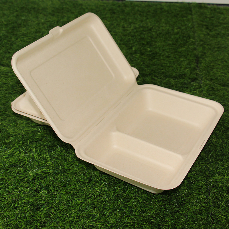 9x6 Inch 2Comp Sugarcane Bagasse Biodegradable Fast Food Takeout Clamshell Burger Box Food Container