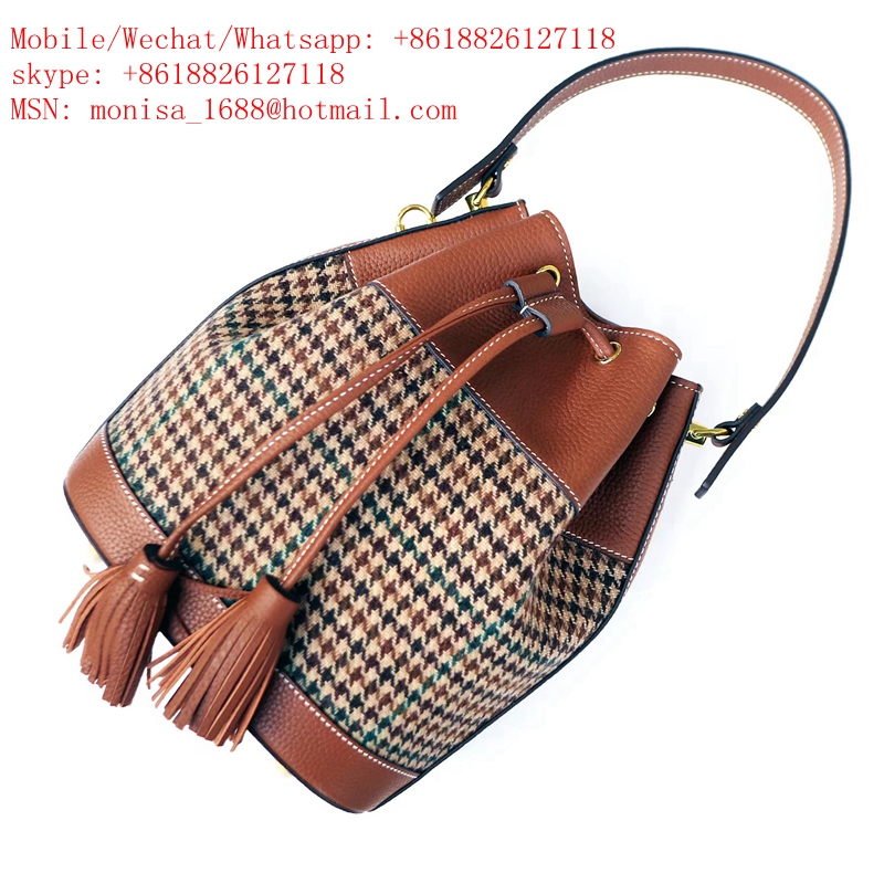 Женская сумка-ведро оригинального дизайна, ручная сумка-мессенджер, импортный Того, воловья кожа, шерсть, твид в ломаную клетку