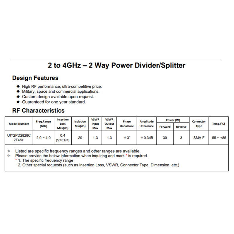 Radar System 2.0 to 4.0GHz RF 2 Way Power Divider