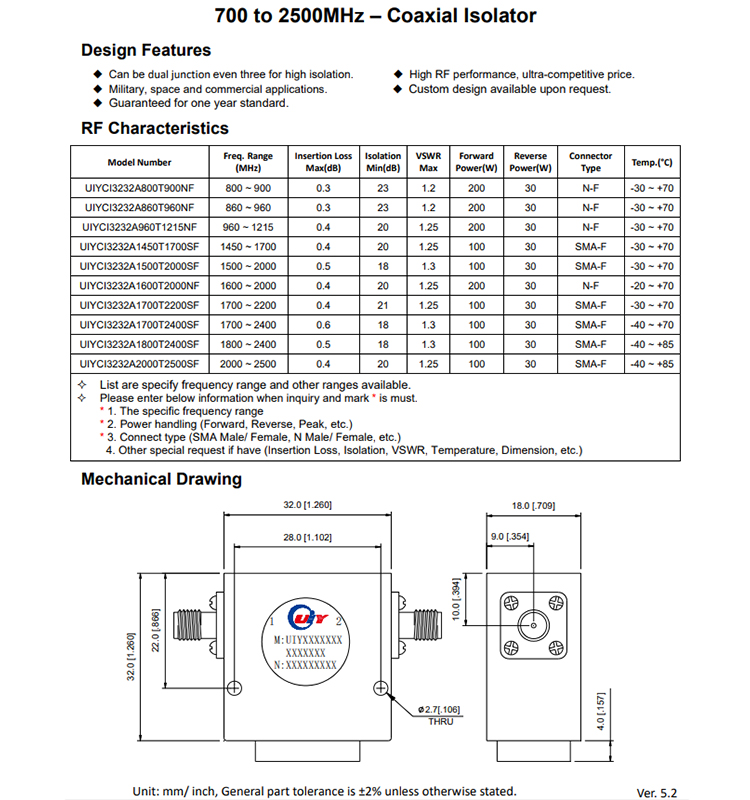 UHF Isolators 2000~2500MHz RF Coaxial Isolators