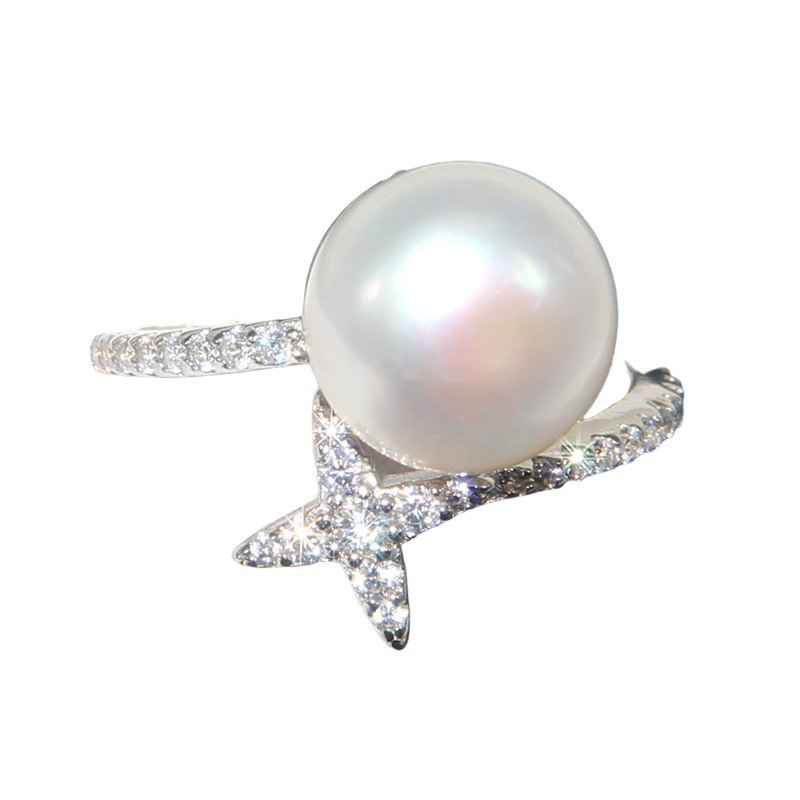 S925 Sterling Silver Ring Female Diamond Cross Star Pearl Ring