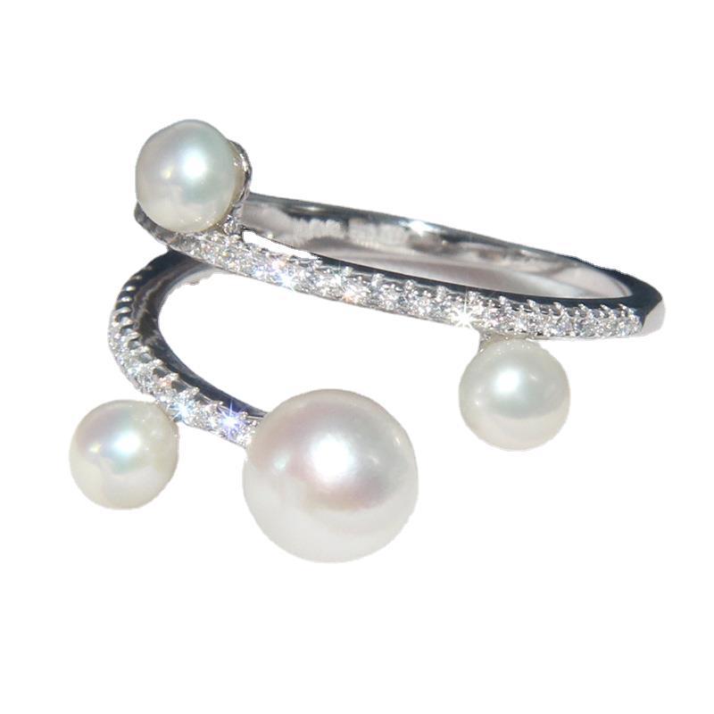 S925 Sterling Silver Ring with Crystal Diamond Pearl Ring