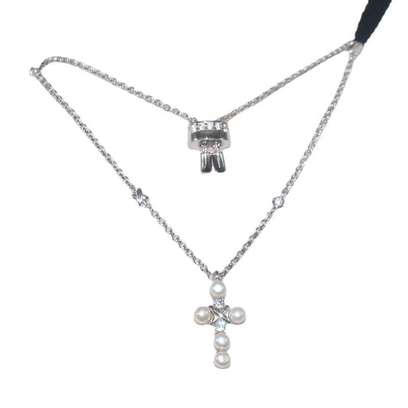 S925 sterling silver necklace diamond pearl cross clavicle chain