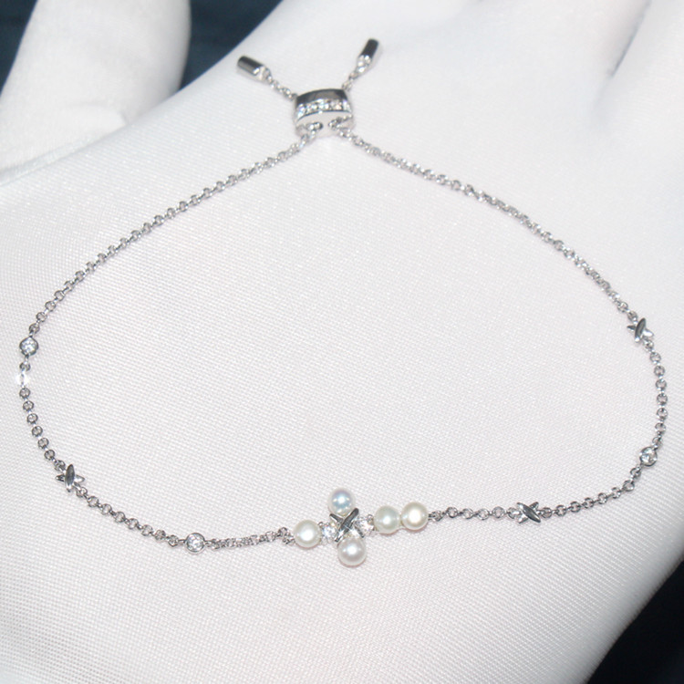 S925 sterling silver bracelet female diamond freshwater pearl cross bracelet