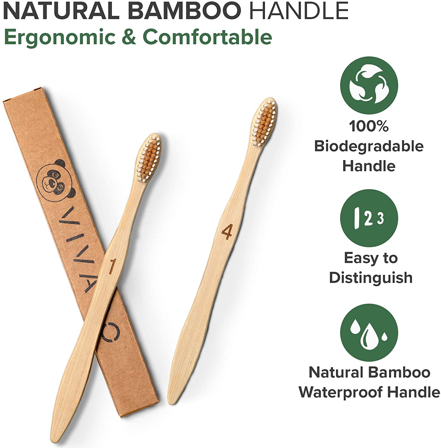 可生物降解竹牙刷 10 包 - 不含 BPA 的软毛牙刷，环保、可堆肥的天然木制牙刷