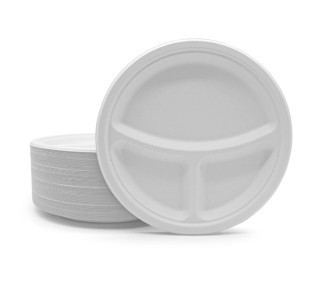 10 inch Microwave Safe Plant Fiber Biodegradable Freezer Safe Portable Bagasse 3 Compartment Disposable Plate 
