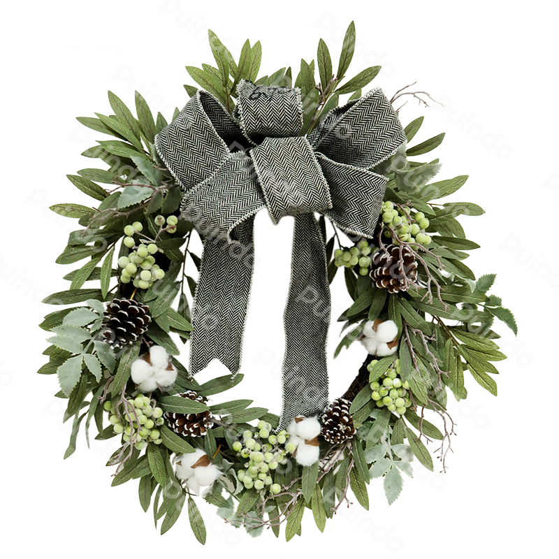 Puindo Artificial Customized Christmas Wreath with Pine cone green Berries Bow for Home Door Xmas Hanging Decorations