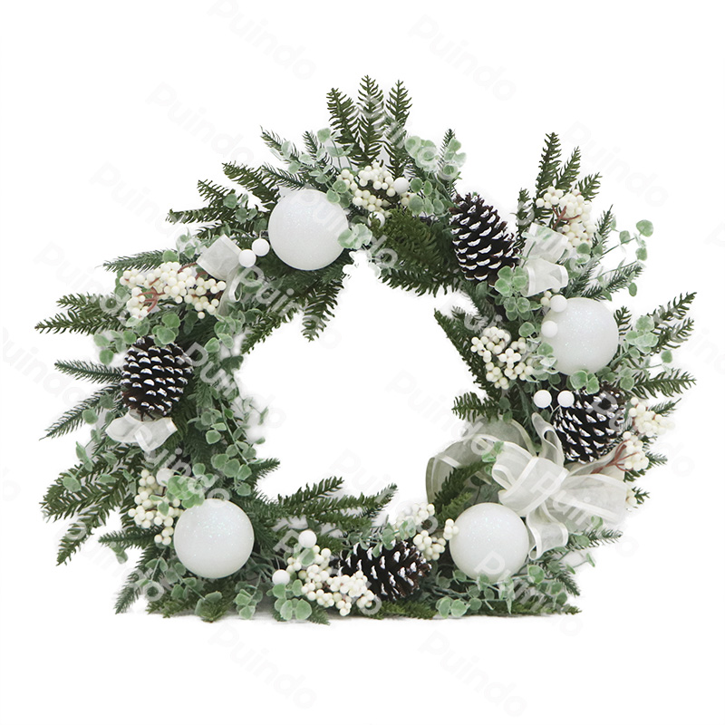 Puindo Artificial Customized Christmas Wreath with Pine cone White Berries Bow Xmas ball for Winter Home Door Xmas Decorations