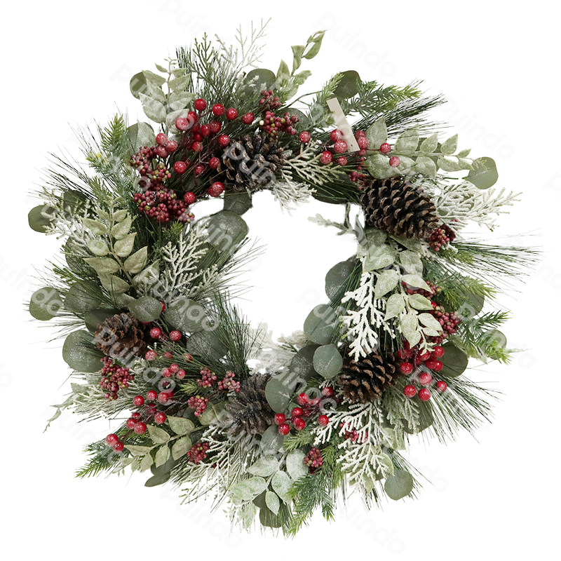  Puindo Wholesale Customized Artificial Christmas Wreath with Pine cone Red Berries for Home Door Xmas Decorations