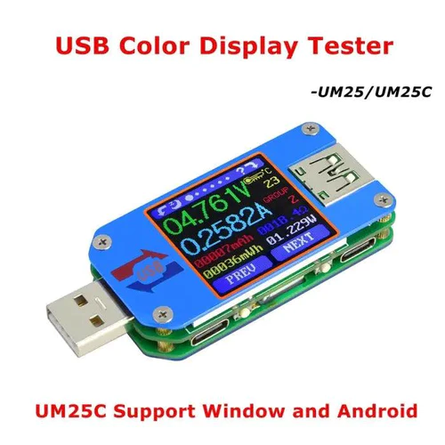 RD UM25C USB multimeter is a USB 2.0 Type-C color LCD tester that measures voltage, current, power, temperature and other values.