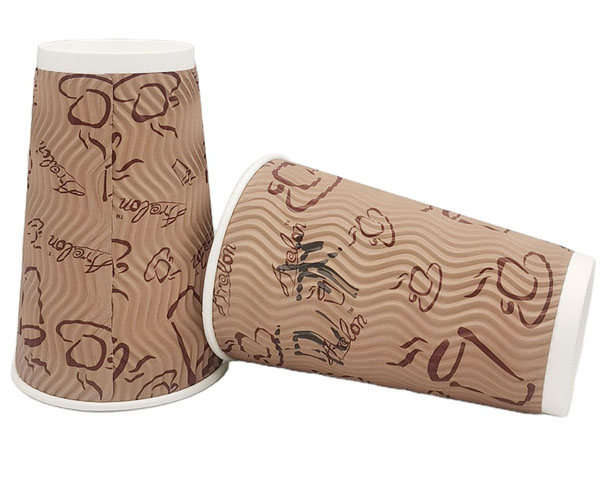 Customized Printed Logo Brown Ripple Paper Disposable Kraft Paper Cup with Lid