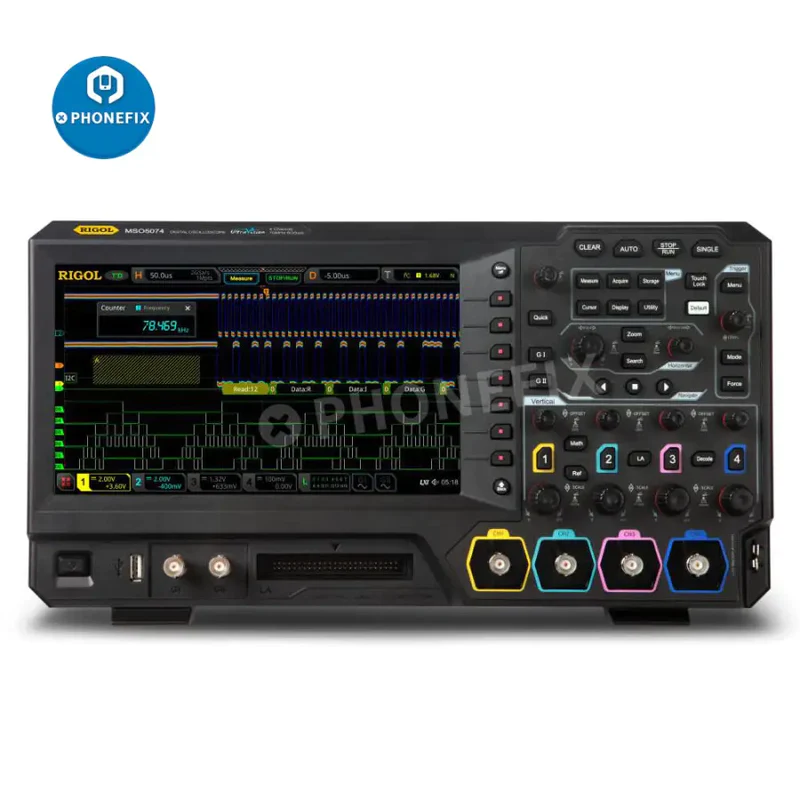 Rigol MSO5074 oscilloscope has 4 channels 70 MHz mixed signal 8GSa/s sample rate and 100M point memory