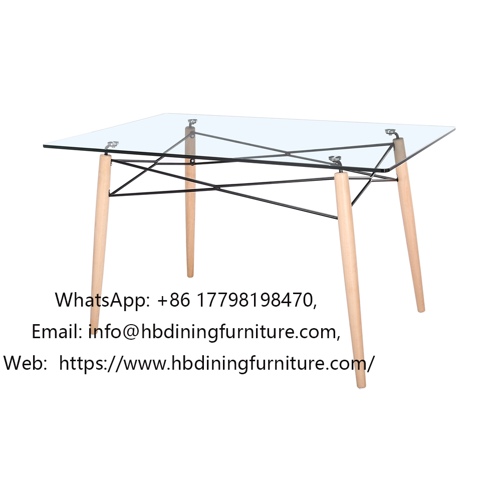 Glass Rectangular Dining Table Transparent Top Wooden Legs