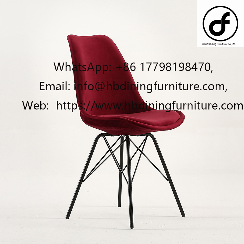 Slim Iron Leg Velvet Dining Chair DC-F03H Item No: DC-F03H  Size: 57*49*83 CM  Material: Fabric+Metal  Color: Customized  Packing Term: 4pcs/CTN