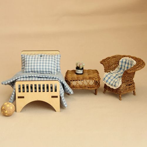 Miniature Wooden Bed with Fabric Bedings