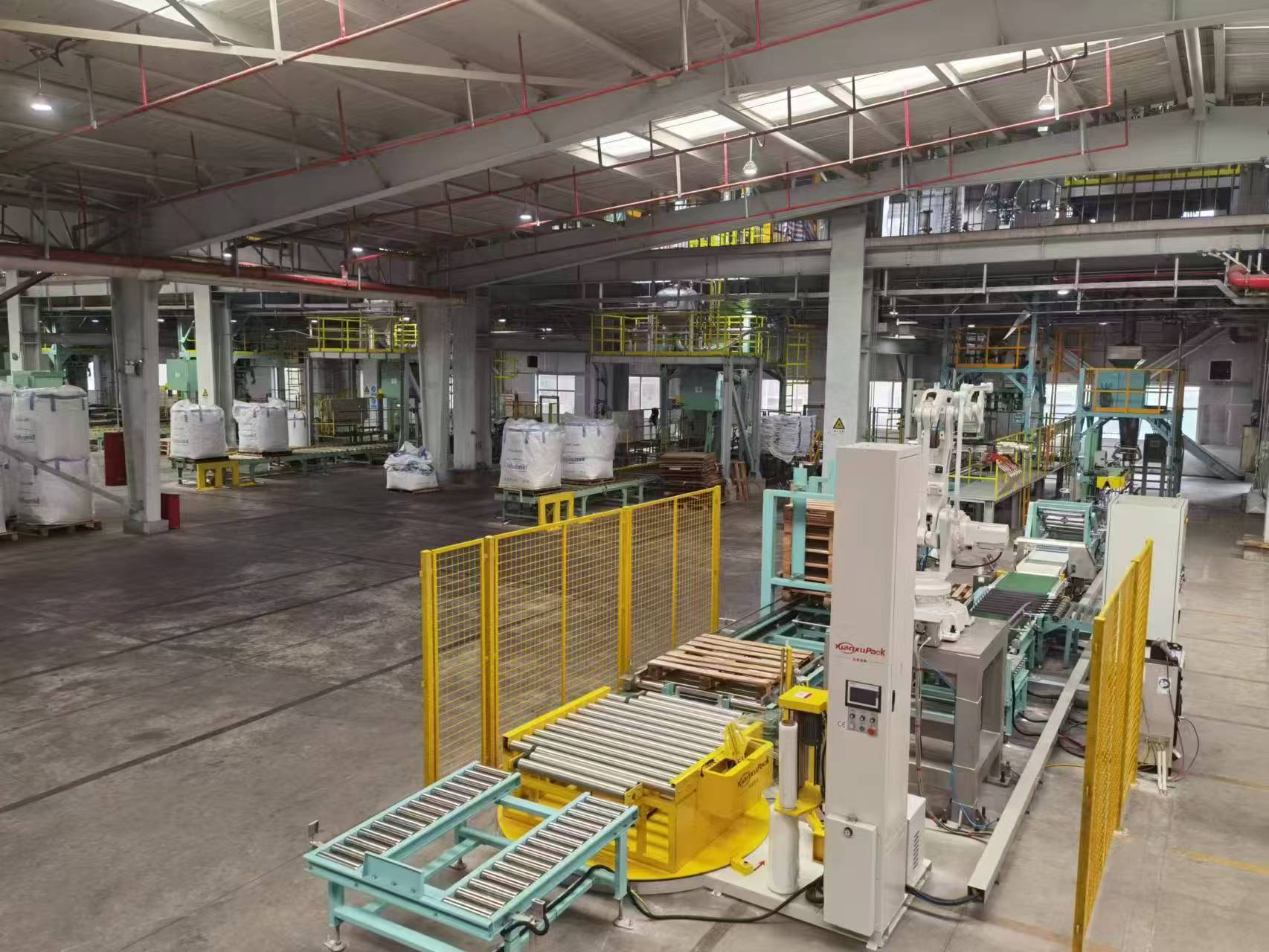 fully automatic packing and palletising line Woodpellets Packing Machine OPEN TOP BAG Activated Carbon Powder Packing Machine 25kg Flour Packing Machine bagging machine for animal feed 25kg full centr