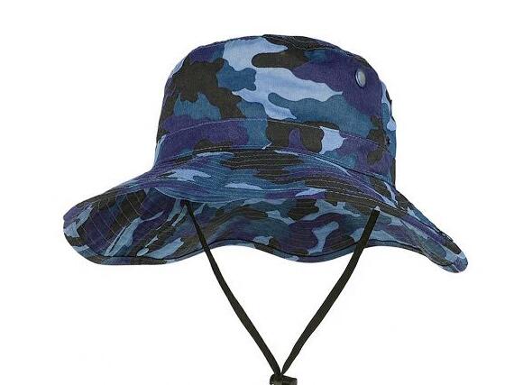  Blue Camo Bucket Hat With String Men's Blank Snap Wide Brim Boonie Hat